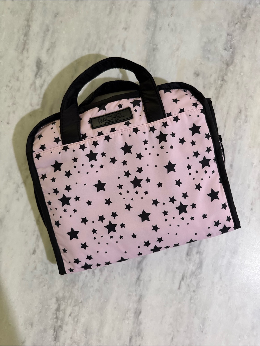 Rachel Roy Pink Star-Print Cosmetic Travel Case with Zip Pockets with Black Trim